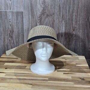 DAVID & YOUNG Packable Sun Hat Multicolor Woven Paper Straw Floppy Wide‎ Brim